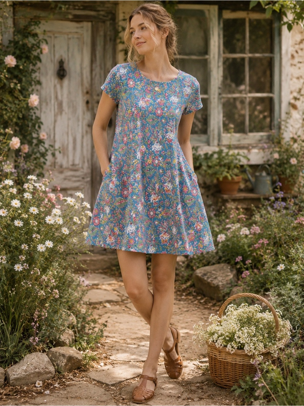 Trade Cloth Floral Cotton Mini Dress Blue Pink Cottagecore Boho Size Small